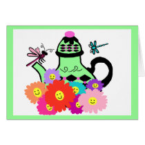 Happy face tea pot with dragonflies blank card by marcya7 Happy face tea pot with dragonflies blank card