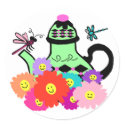 Happy face tea pot with dragonflies stickers