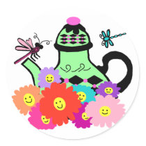 Happy face tea pot with dragonflies stickers