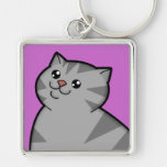 Happy Fat Silver Tabby Cat Metal Square Keychain