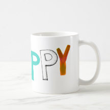 Happy fun colorful word art unique font design coffee mugs