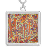 Happy Glitter Word Art Silver Necklace Charm