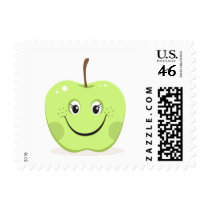 Happy green apple cartoon postage stamp
