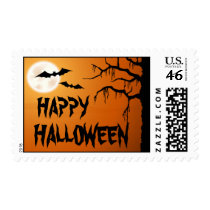 Happy Halloween, bats full moon and creepy tree Postage