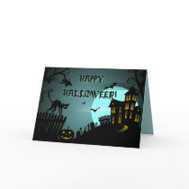 Happy Halloween Black Cat Haunted House Blue cards by Ruxique Happy Halloween Black Cat Haunted House Blue cards