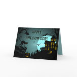 Happy Halloween Black Cat Haunted House Blue Greeting Card