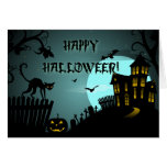 Happy Halloween Black Cat Haunted House Blue Greeting Card