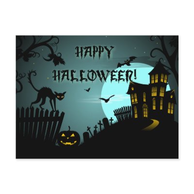 Happy Halloween Black Cat Haunted House Blue post card