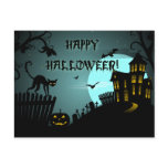 Happy Halloween Black Cat Haunted House Blue Post Card