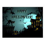 Happy Halloween Black Cat Haunted House Blue Post Card