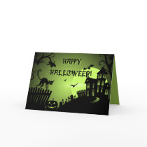 Happy Halloween Black Cat Haunted House cards by Ruxique Happy Halloween Black Cat Haunted House cards
