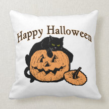 Happy Halloween Black Cat On Pumpkin Pillow