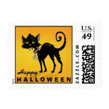 Happy Halloween Black Cat Orange Postage Stamp