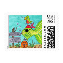 Happy Halloween! Fish Pirate with Bird! postage by PennyCork Happy Halloween! Fish Pirate with Bird! postage