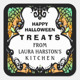 Happy Halloween Treats Green Orange Custom Label Square Sticker