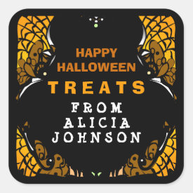 Happy Halloween TREATS Orange & Black Custom Label Square Sticker