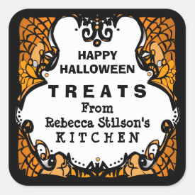 Happy Halloween Treats Orange Black & White Custom Square Sticker