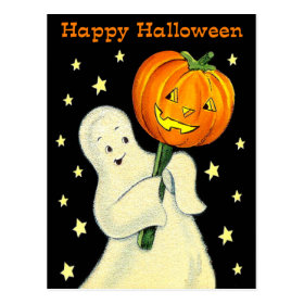 Happy Halloween Vintage Ghost and Pumpkin Postcard