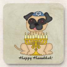 Happy Hanukkah-Cute Pug dog with Menorah Beverage Coaster
