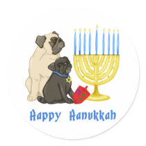 Happy Hanukkah Pugs and Menorah Stickers by designsbydandy Happy Hanukkah Pugs and Menorah Stickers