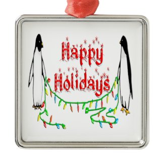 Happy Holiday Penguins Square Ornament ornament