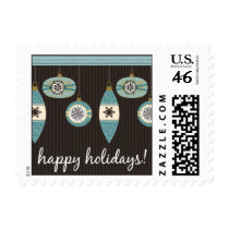 Happy Holidays Blue Ornaments Chocolate Stripes postage