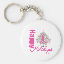 Happy Holidays Breast Cancer Pink Ribbon Keychain