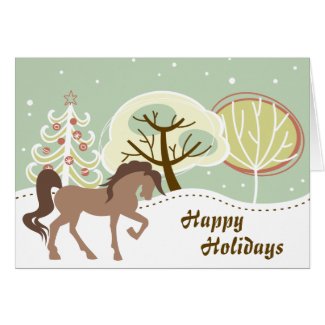Happy Holidays Brown Horse Snowy Winter Christmas Greeting Card
