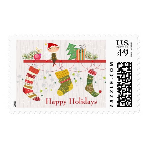 Happy Holidays Christmas elf on shelf &amp; stockings Postage Stamp | Zazzle