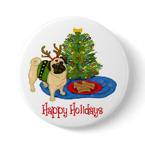 Happy Holidays Christmas Reindeer Pug Buttons