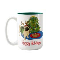 Happy Holidays Christmas Reindeer Pug Mugs