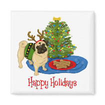 Happy Holidays Christmas Reindeer Pug Mugs magnets by designsbydandy Happy Holidays Christmas Reindeer Pug Mugs magnets