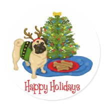 Happy Holidays Christmas Reindeer Pug Stickers by designsbydandy Happy Holidays Christmas Reindeer Pug Stickers