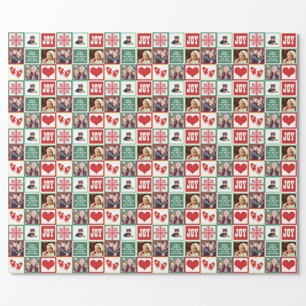 Happy Holidays Custom Family Name and 4 Photos Wrapping Paper