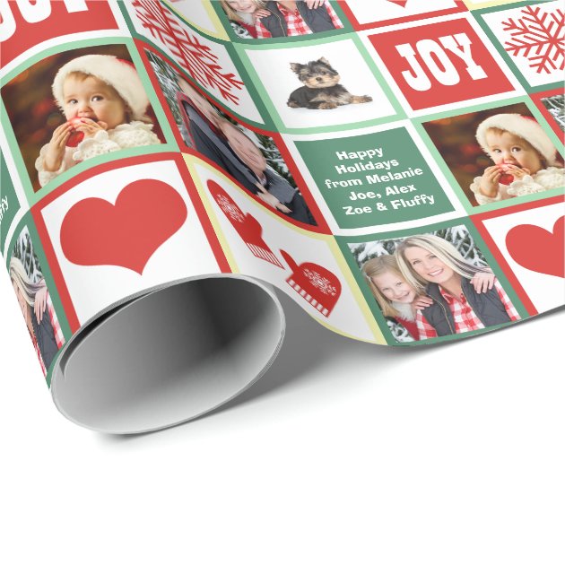 Happy Holidays Custom Family Name and 4 Photos Wrapping Paper 3/4