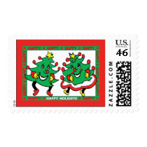 Happy Holidays Funny Dancing Christmas Trees Postage Stamps