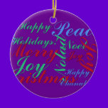 Happy Holidays, Peace, Joy, Noel, Happy Chanukah,  ornaments