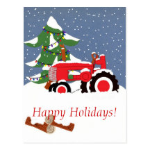 Happy Holidays! Red Tractor Postcard