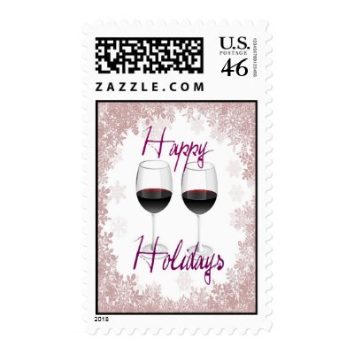 Happy Holidays Red Wine And Snowflakes Postage