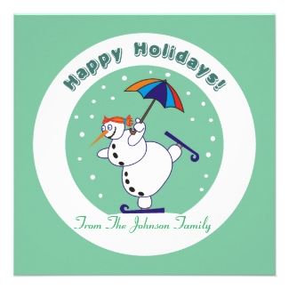 Happy Holidays Snowgirl on Ice Xmas Invitations