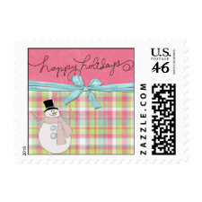 happy holidays snowman with pink and plaid Holiday stamps