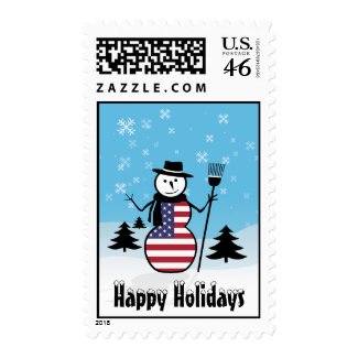 A patriotic postage stamp with a cartoon snowman wearing a hat and holding a broom and dressed in the Stars and Stripes of the USA.