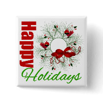 Happy Holidays Wreath with Birds Pinback Buttons