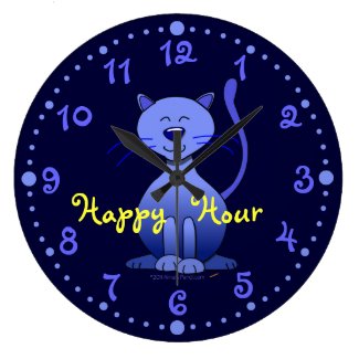 Happy Hour Cute Smiling Blue Cat Clock w/ Minutes