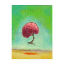 Happy inspirational flying tree painting fun art postcards