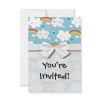 happy kawaii rainbow and cloud sky pattern personalized invites