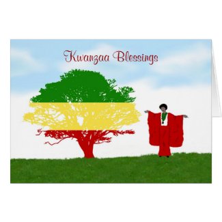 Happy Kwanzaa with tree and African woman Greeting Cards