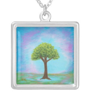 Happy Little Tree Square Pendant Necklace Painting