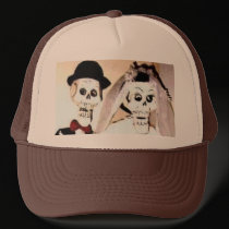 Happy Married Skeleton Couple Baseball Trucker Hat by MistaSCARY Happy Married Skeleton Couple Baseball Trucker Hat