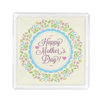Happy Mother Day Text & Colorful Floral Wreath Square Serving Trays